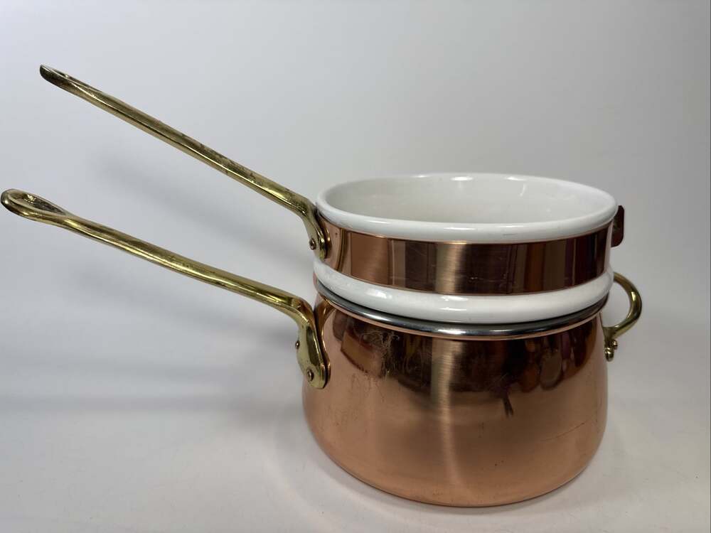 Vtg Copper Double Boiler w/Porcelain Insert, Brass Handles, Made in Portugal